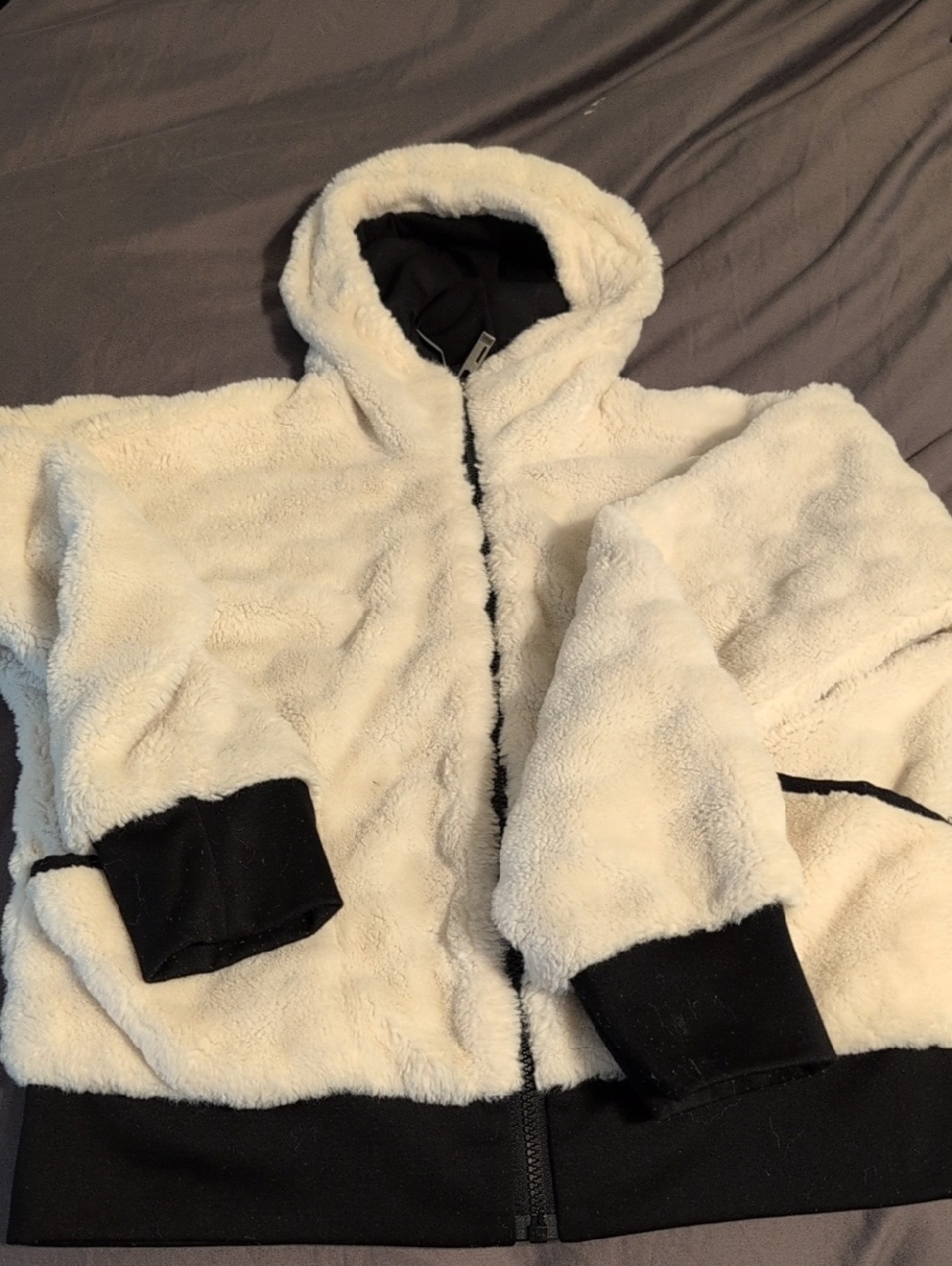 Women’s Cream Sherpa Hoodie Jacket with Black Trim